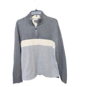 Eddie Bauer Mens Pullover Sweater Size L Gray Cream Stripe Quarter Zip Cotton‎